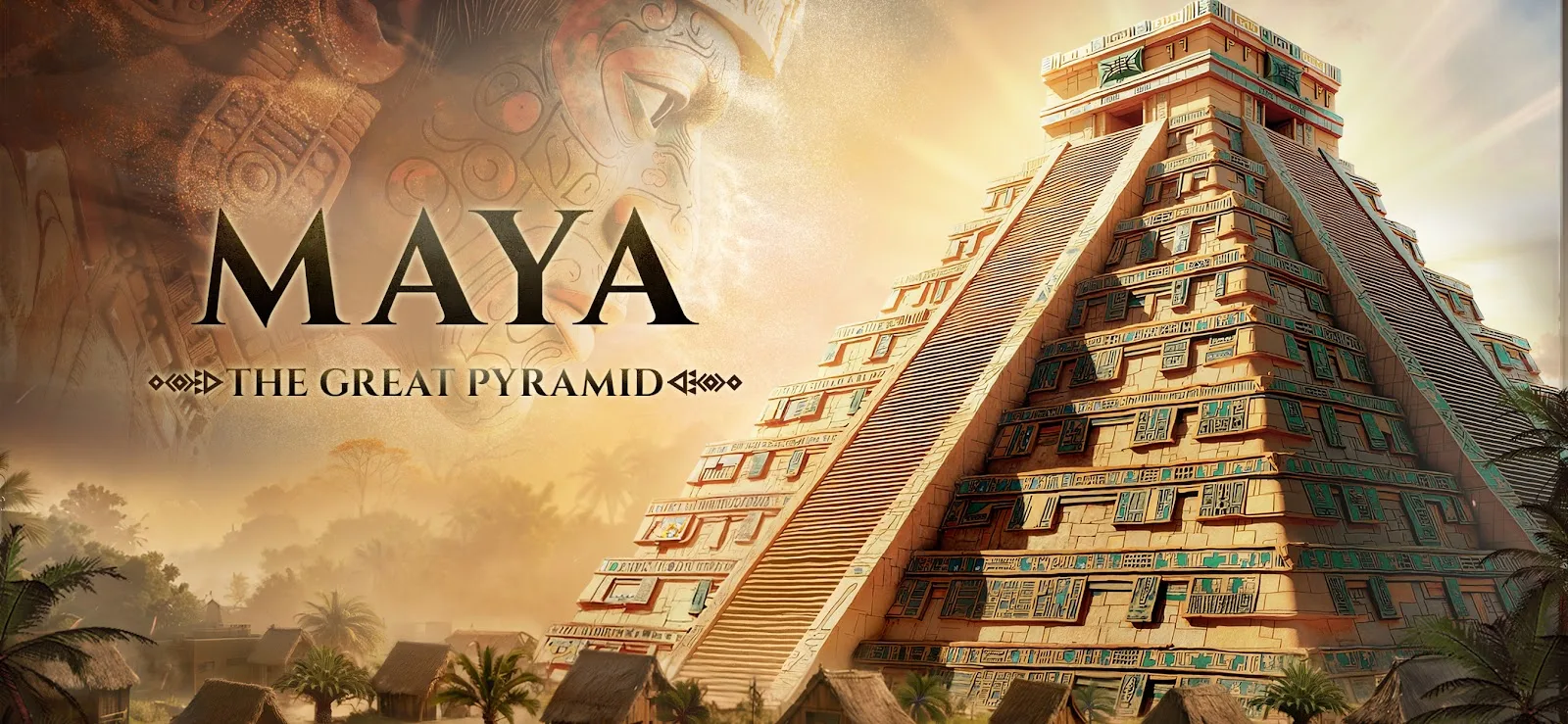 Rise of Kingdoms Maya civilization key art showing a towering Mayan step pyramid at sunrise above a jungle village