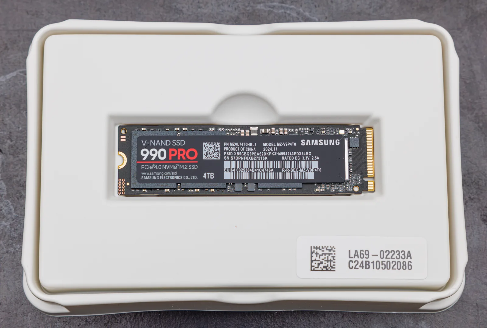Samsung 990 PRO NVMe M.2 SSD, high-resolution close-up of the drive