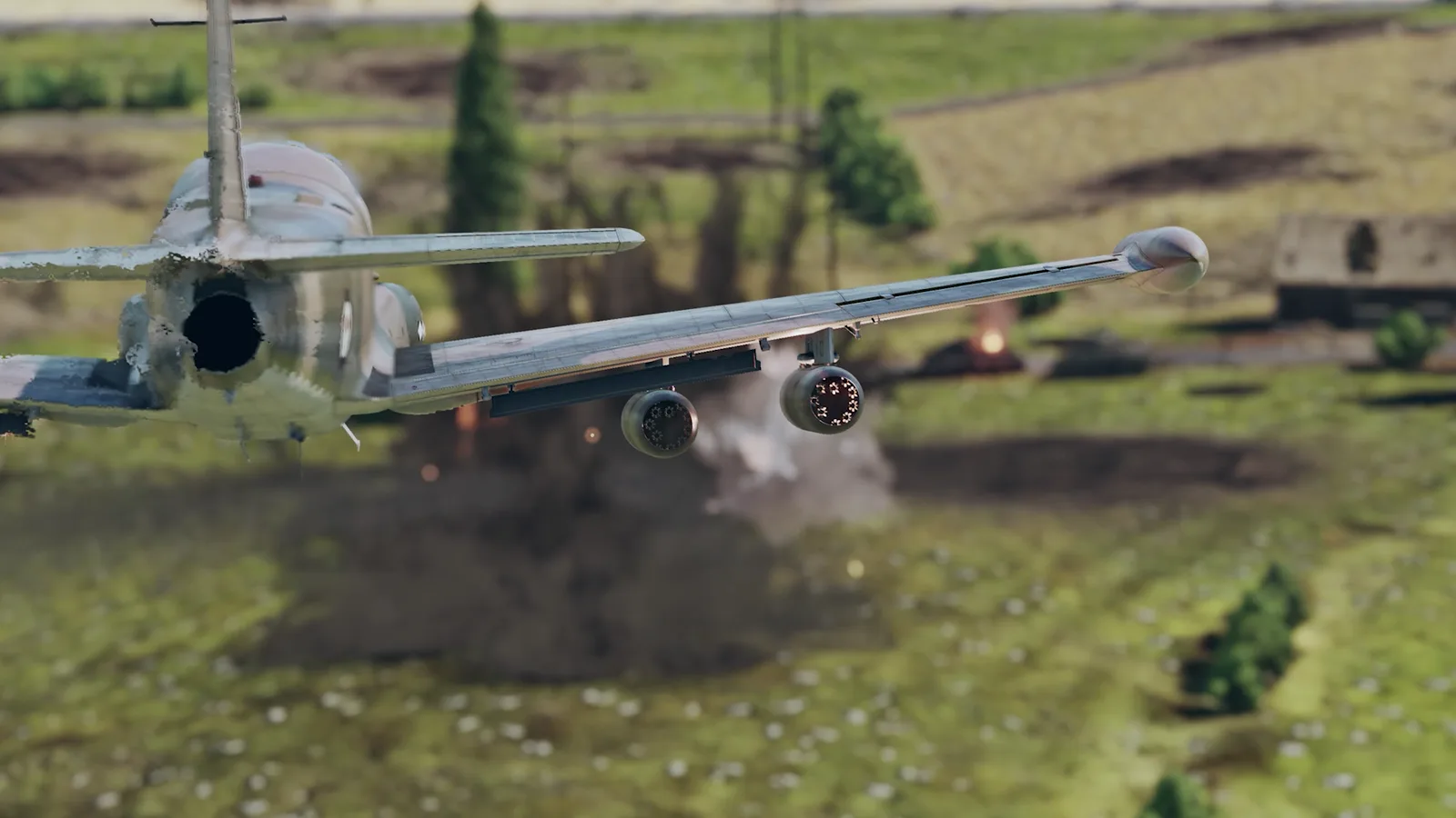 War Thunder aircraft firing rockets at a ground target